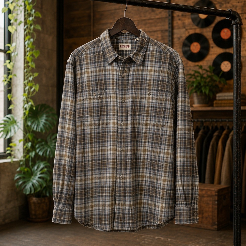 Redhead Mens Plaid Flannel Button Down Shirt Brown Grey Size M Workwear Rugged